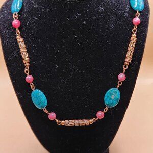 Blue Crinoid Fossil, Thulite and Bali Style Copper Linked Necklace
